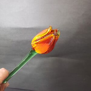 Beautiful Hand Blown Art Glass Orange Rose Bud 19" Lampwork Flower Sculpture